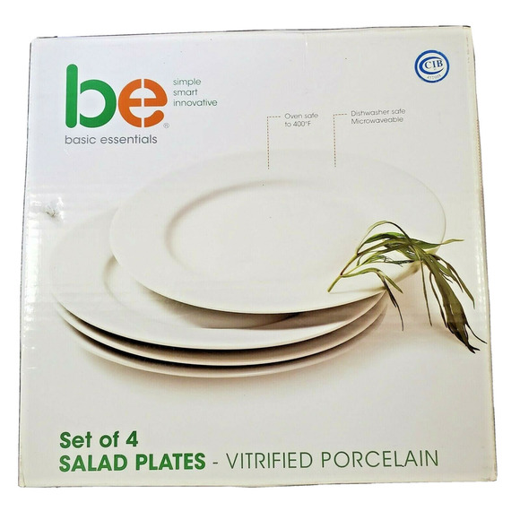 Basic Essentials Set Of 4 White Salad Plates Vitrified Porcelain Restaurant Ware - Picture 1 of 4